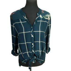 Figueroa And Flower Women's Size Large Blue Floral Stripe Button Up Tie Front To